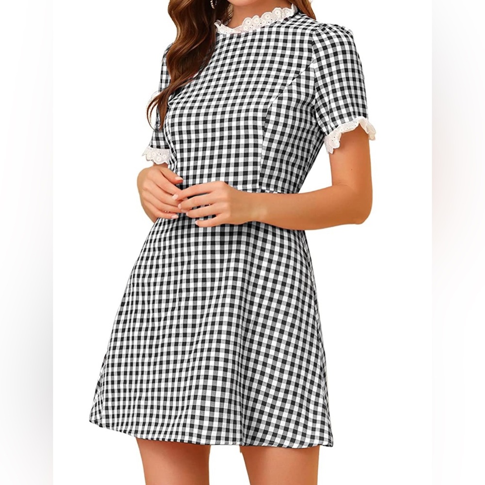 Allegra K Gingham Dress with lace NWOT